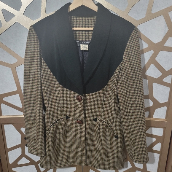VINTAGE TINA HAGEN Rare Wool Houndstooth Velvet Trim Jacket - Picture 1 of 11